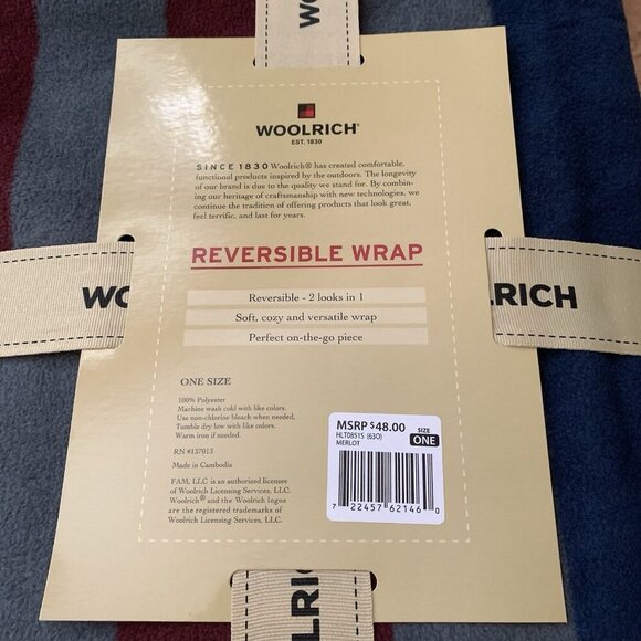 Woolrich Reversible Blanket Wrap Womens Shawl Burgundy Stripe NWT - Picture 2 of 4